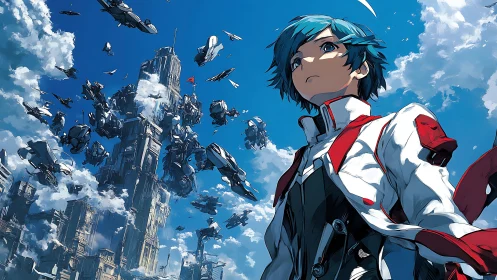 Futuristic anime pilot before vertical sky fortress and drones