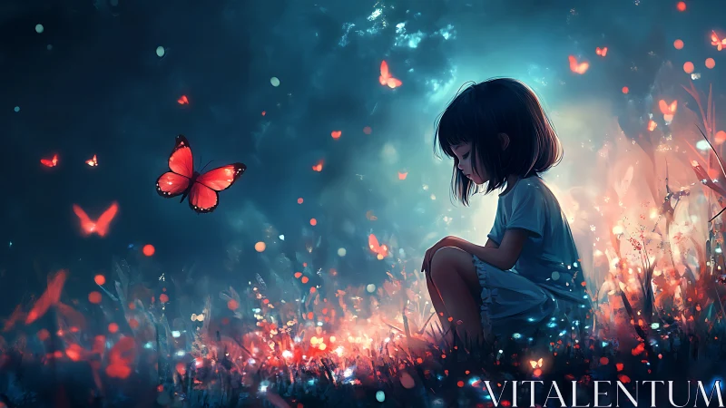 Young girl in glowing meadow watches luminous butterflies.