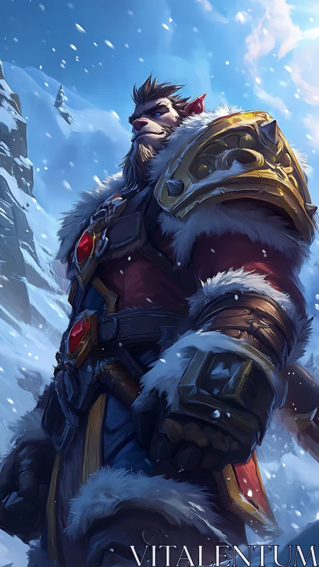 Armored beast warrior surveying snowy mountain pass.
