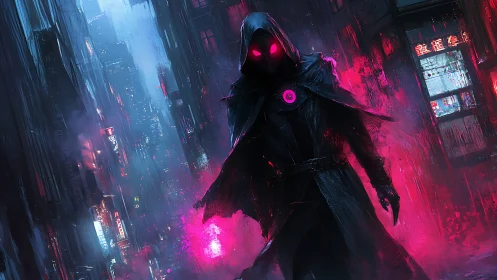 Hooded cyber mage stalks neon alley in crimson haze