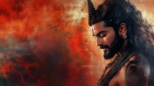 Digital painting profile of serene mythic warrior figure.