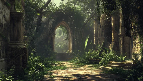 Sunlit overgrown stone cloister with gothic archway portal.