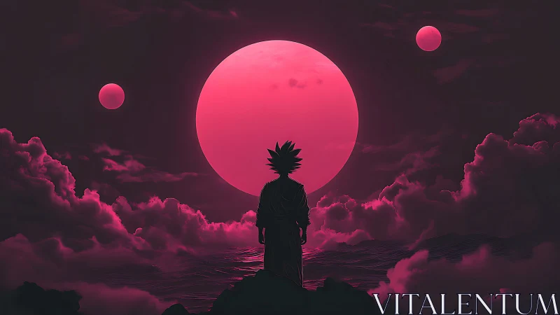 Silhouetted figure observes three moons above clouded horizon