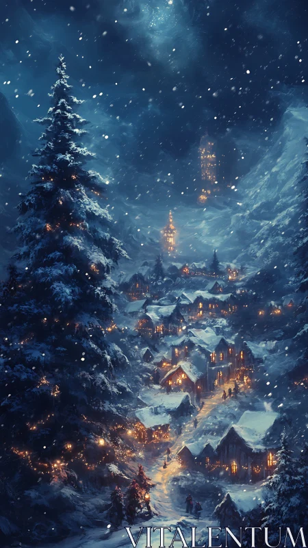 Snowlit mountain village wrapped in golden winter light.