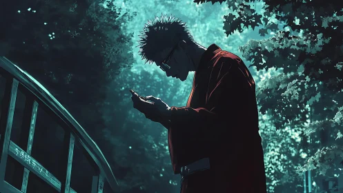 Solitary man in red robe stands on forest bridge at dusk.