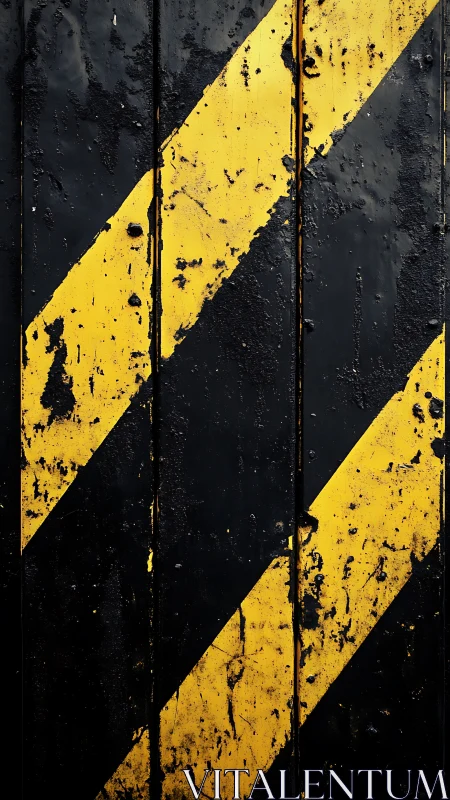 Diagonal yellow hazard stripes weather metal surface.