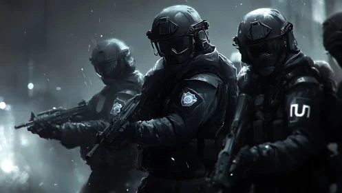 Elite tactical squad advances through rain-soaked darkness