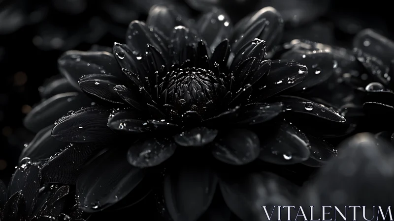 Dark flower with water droplets in monochrome detail.