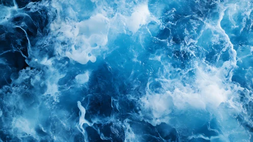 Surface turbulence of blue ocean water is captured overhead