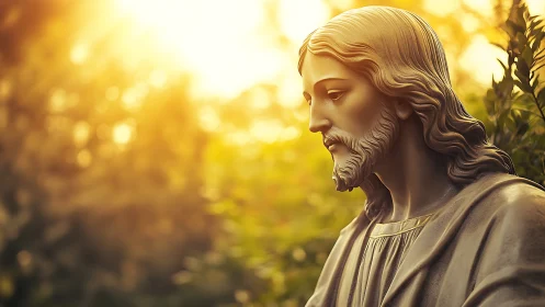 Serene stone saint sculpture in golden sunset bokeh garden.