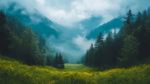Misty Alpine Valley Nestled Between Forested Mountain Peaks