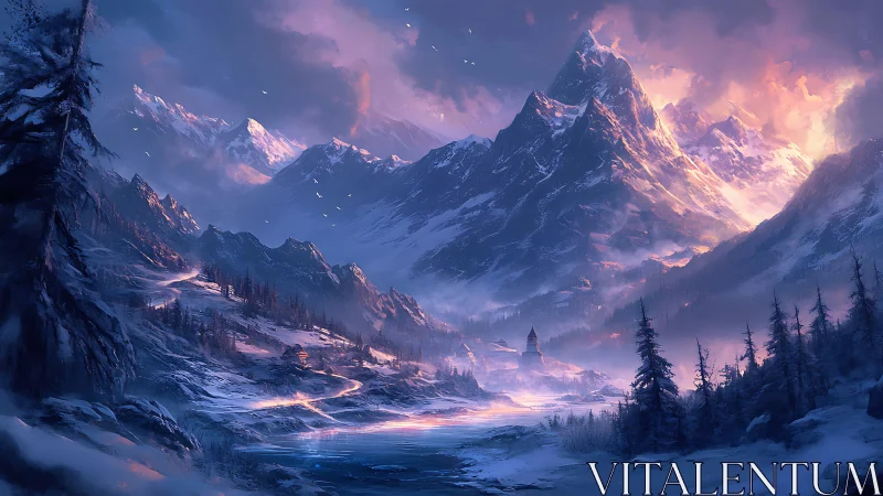 Radiant sunrise ignites a tranquil frozen valley village