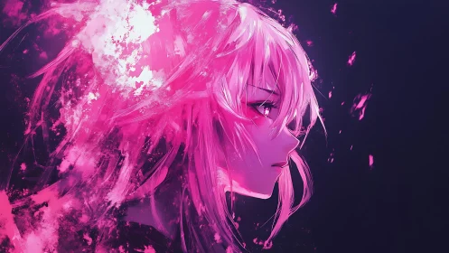 Neon magenta anime portrait dissolves into abstract light