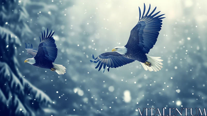 Majestic bald eagles flying over snowy forest in digital art style.