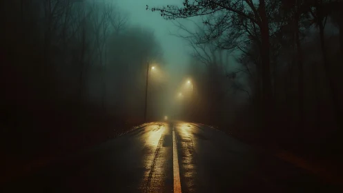 Streetlamps whisper down a mist-soaked forest road at night