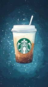 Digital illustration isolates branded iced coffee cup in space