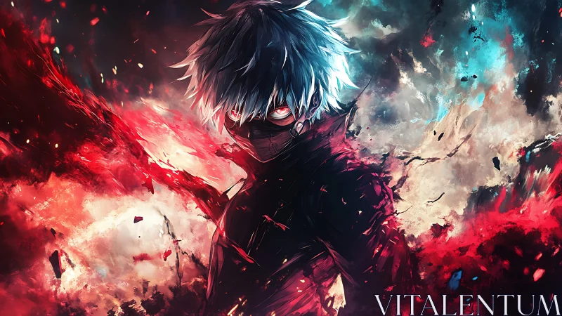 Masked white haired figure amid red and blue energy field.