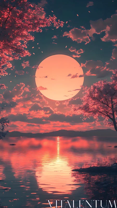Large pink sun over tranquil lake with cherry trees at dusk.