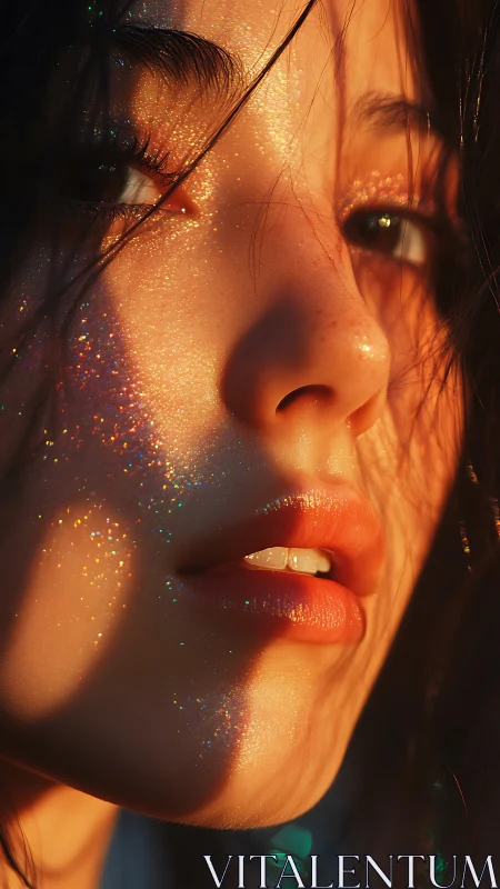 Sunlit freckles and glitter glow gently across soft skin