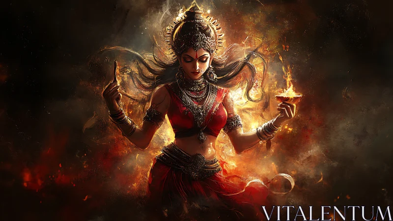 Fire crowned goddess dances between embers and midnight smoke