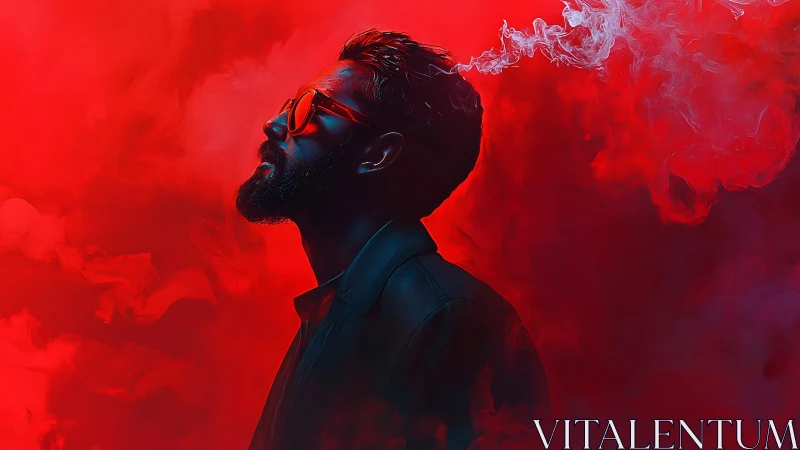 Man in profile exhales smoke into intense red background