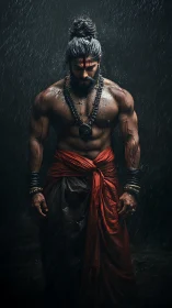 Warrrior monk stands in the rain, radiating solemn spiritual power