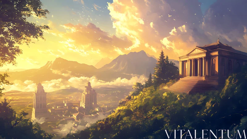 Sunlit neoclassical hilltop temple overlooking volumetric valley