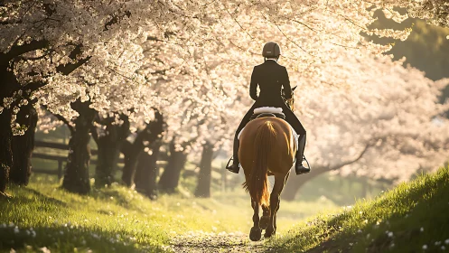 Rider glides beneath sunlit cherry blossoms in pastoral hush.