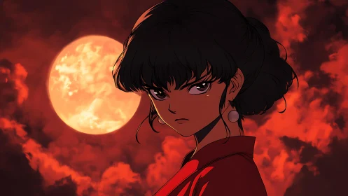 Defiant anime heroine under blood moon and burning sky.