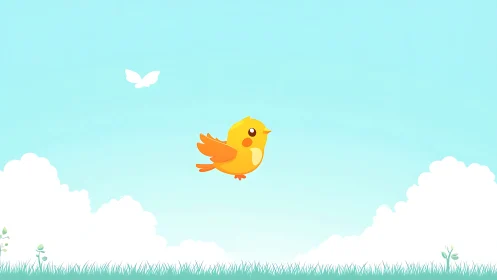 Flat-shaded yellow songbird centered in minimal vector sky scene