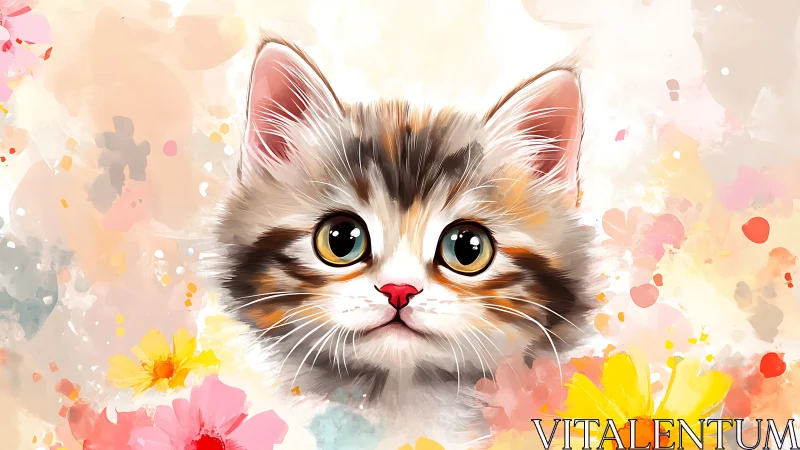 Digitally rendered tabby kitten with golden eyes amid floral composition elements.