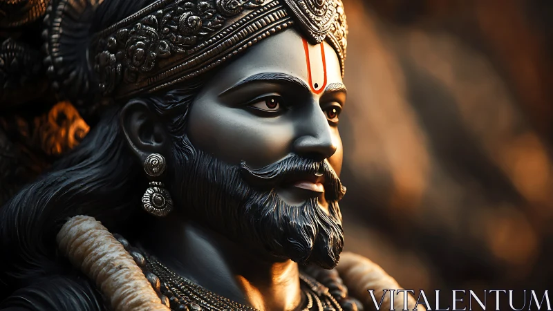 Regal bearded statue bathed in warm golden evening light.