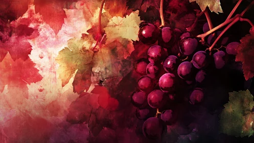 Grapes and leaves in textured red digital composition.