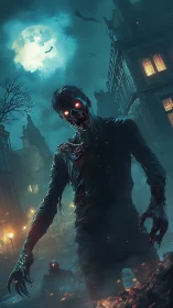 Moonlit undead stalker in fog-drenched gothic alleyway.