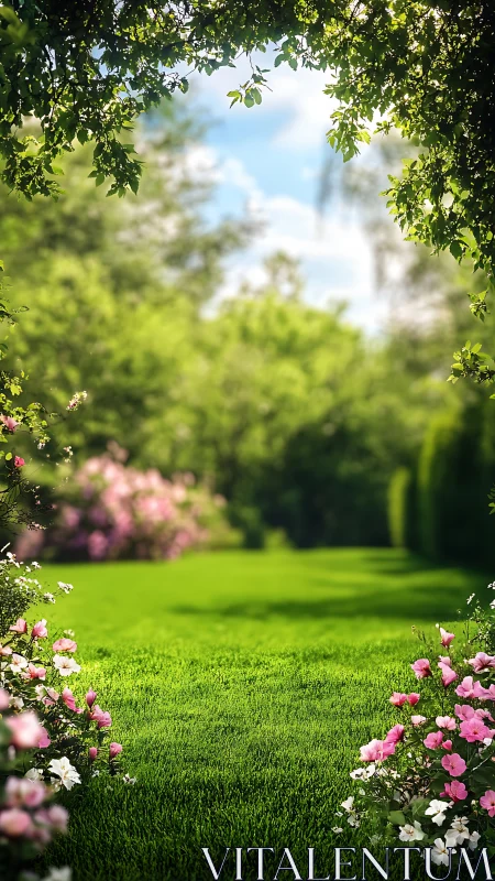Photorealistic garden lawn framed by flowering borders and canopy.