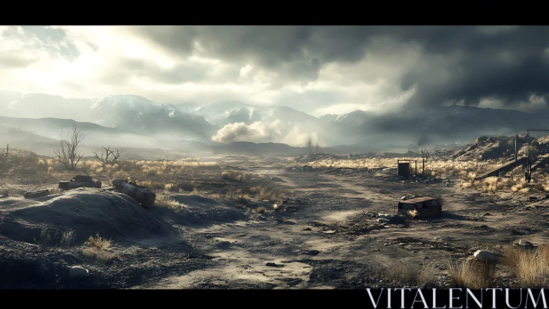 Desert plain extends toward distant mountains under heavy clouds