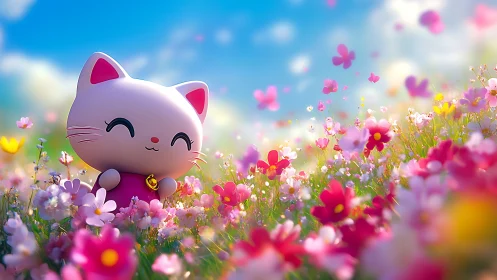 Lucky Maneki-neko Cat in Vibrant Flower Field.