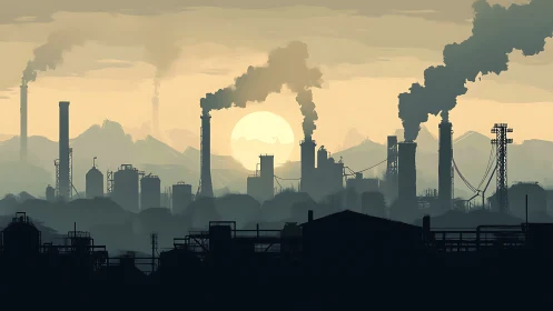 Industrial skyline with smokestacks at low sun over haze.