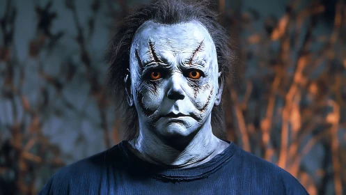 Masked horror figure with glowing orange eyes portrait.