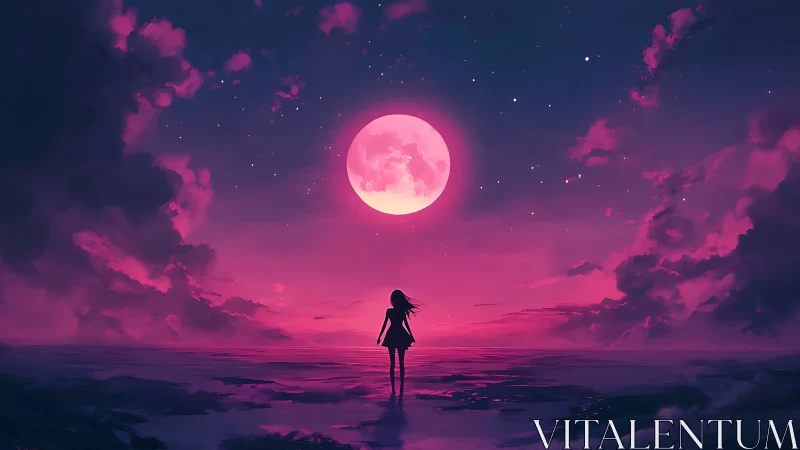 Silhouette girl under pink full moon on reflective shore.