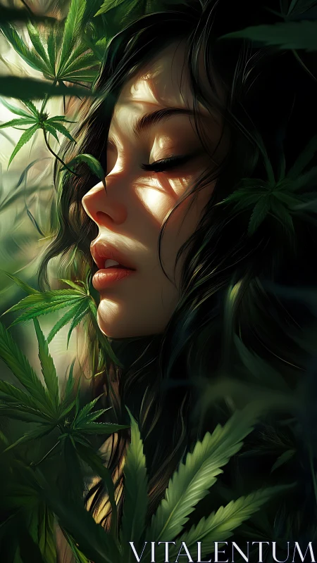 Soft daylight on dreaming face within wild green leaves.