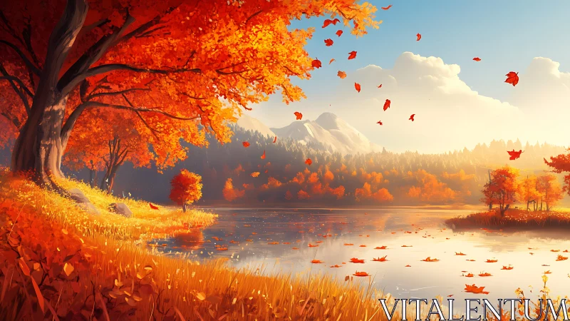 Autumn lakeside landscape renders warm foliage in soft light