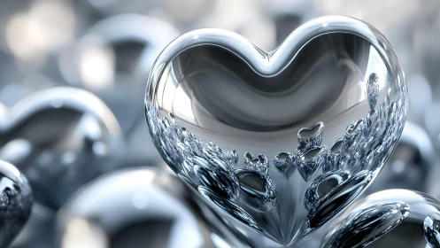 Shiny Metallic Heart Sculpture with Reflective Artistic Details.
