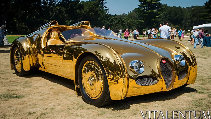 Gold chrome Bugatti-style concept car at outdoor show.