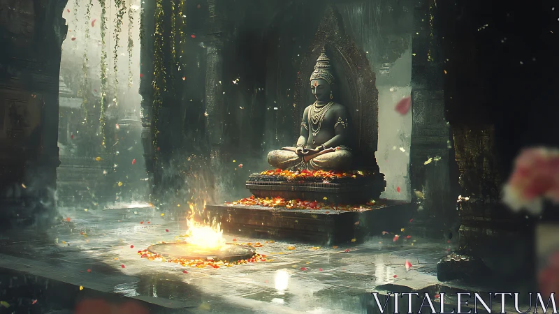 Serene stone Buddha watches fire ring in misted temple hall