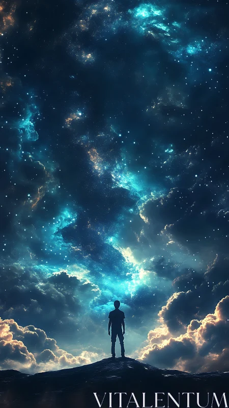 Silhouetted figure stands beneath luminous star filled sky