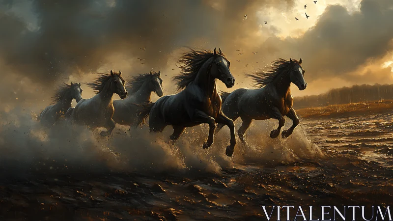 Stormlit wild horses charging through molten evening surf.
