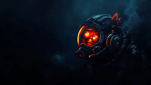 Deep-sea diver helmet glows with eerie crimson light.