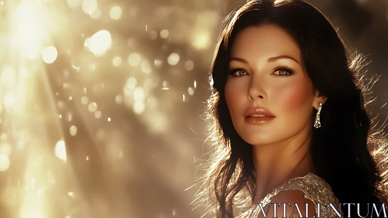 Golden hour muse glowing amid cascading light and shimmer.