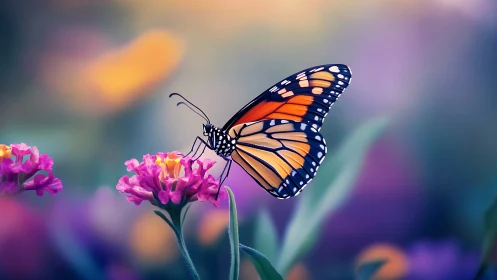 Monarch butterfly on pink flower with soft blurred background.
